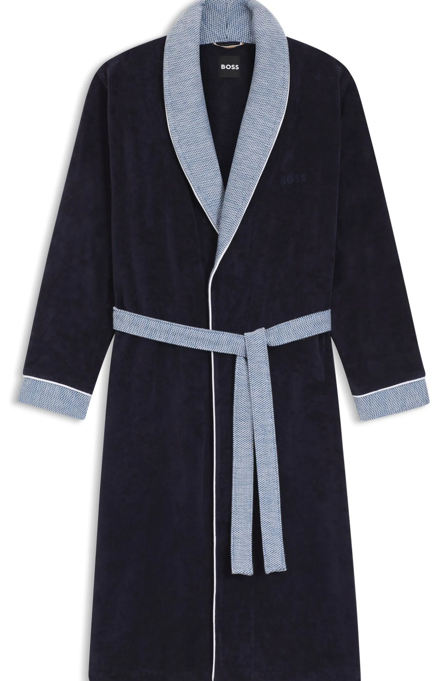 Navy cotton-velvet dressing gown with textured trims
