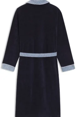 Navy cotton-velvet dressing gown with textured trims