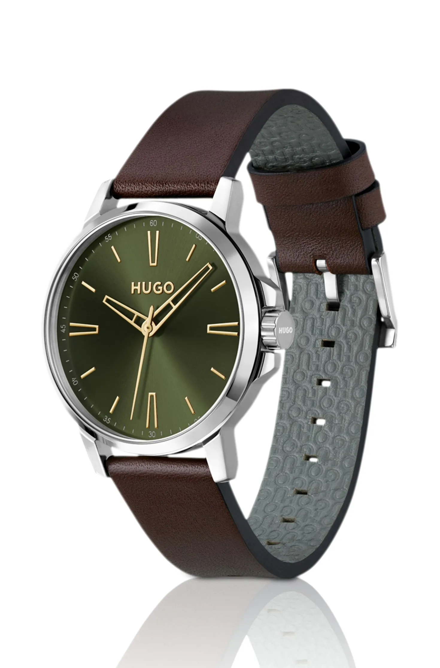 Olive-dial watch with brown leather strap