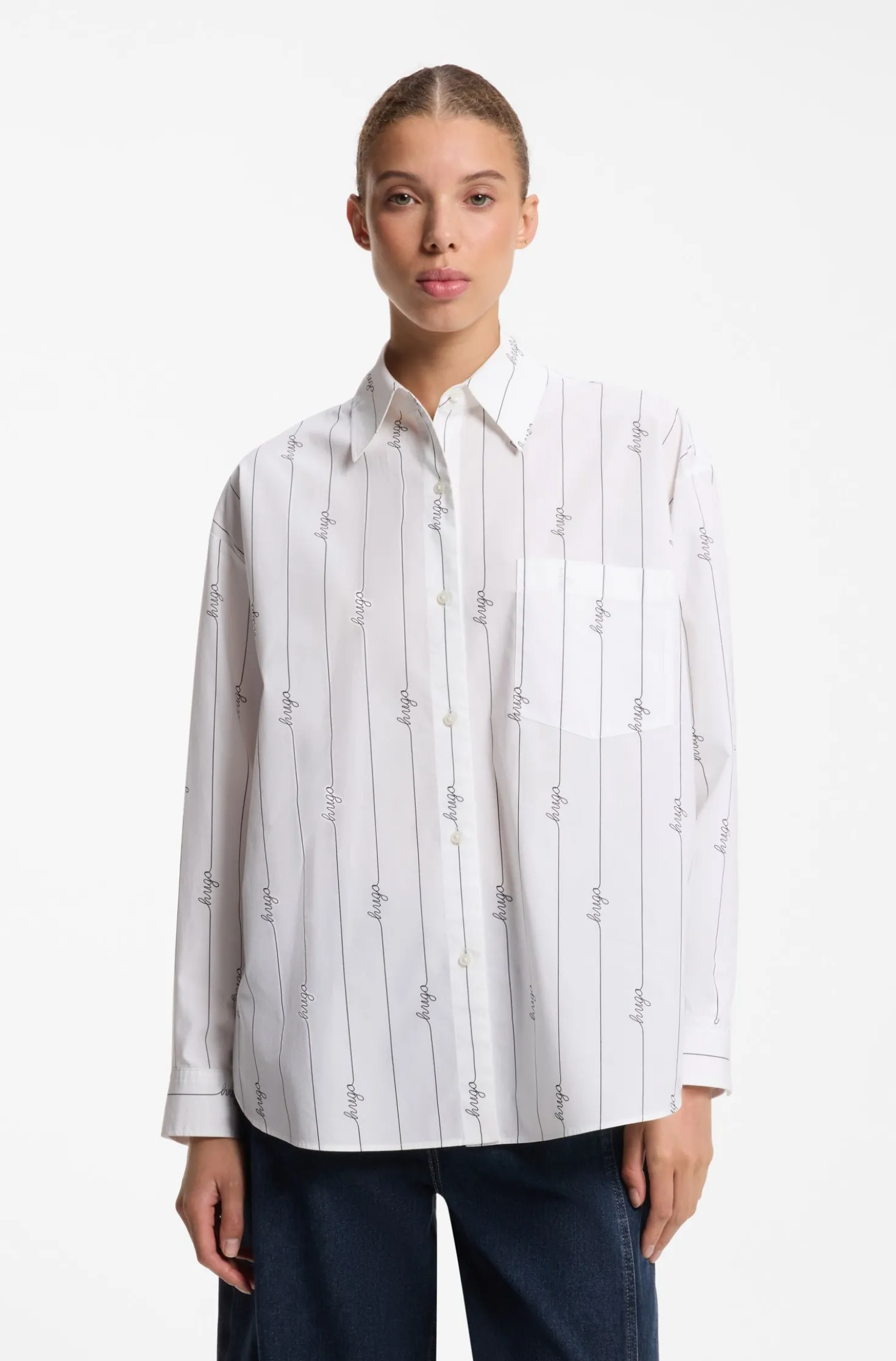 Oversized-fit blouse in cotton poplin with script logos