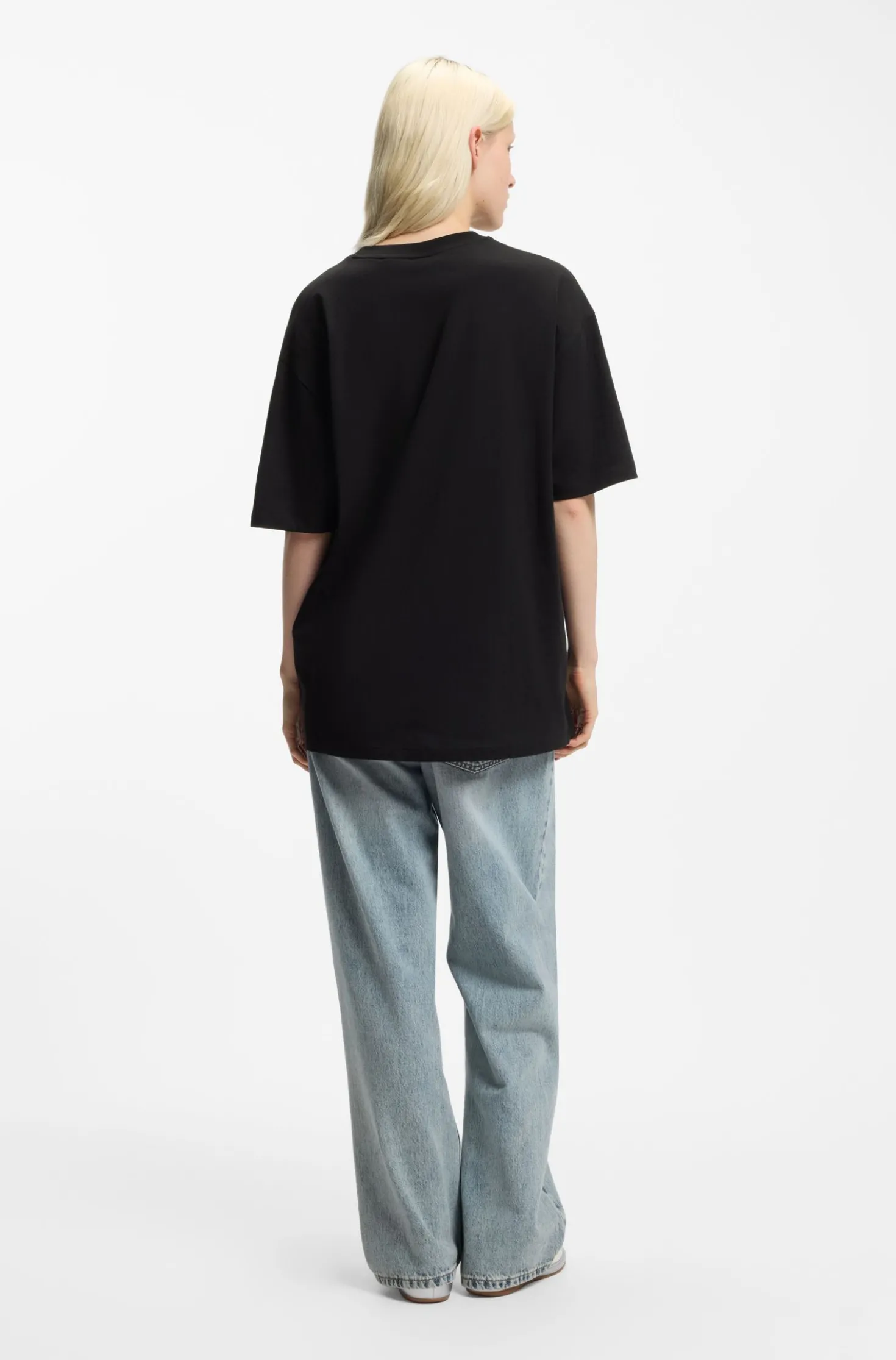 Oversized-fit cotton T-shirt with rhinestone Happy HUGO logo
