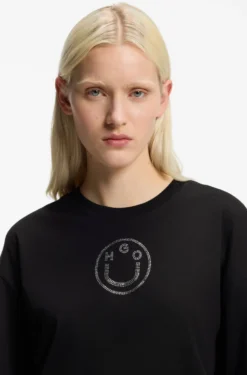 Oversized-fit cotton T-shirt with rhinestone Happy HUGO logo