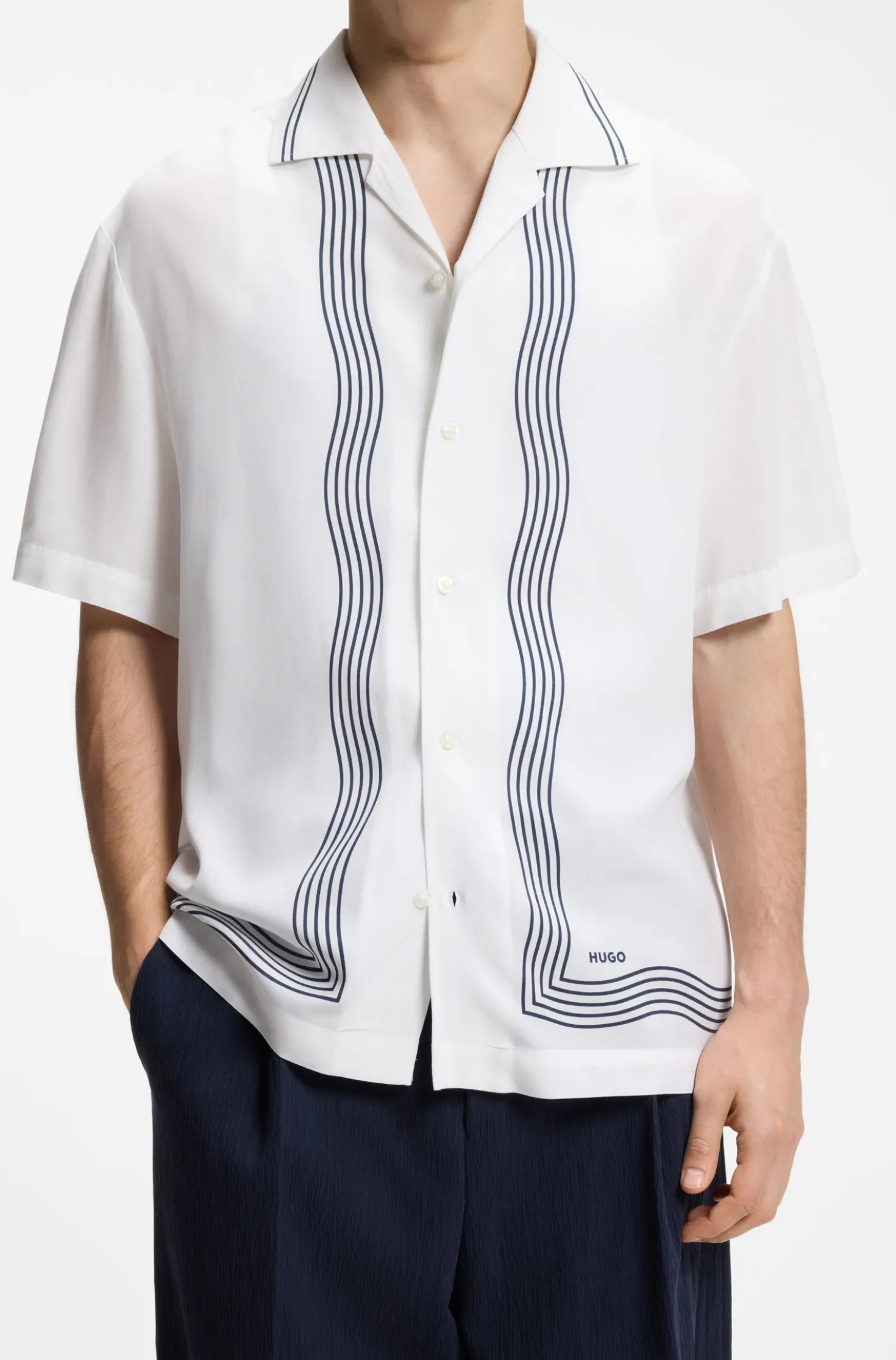 Oversized-fit printed shirt with camp collar