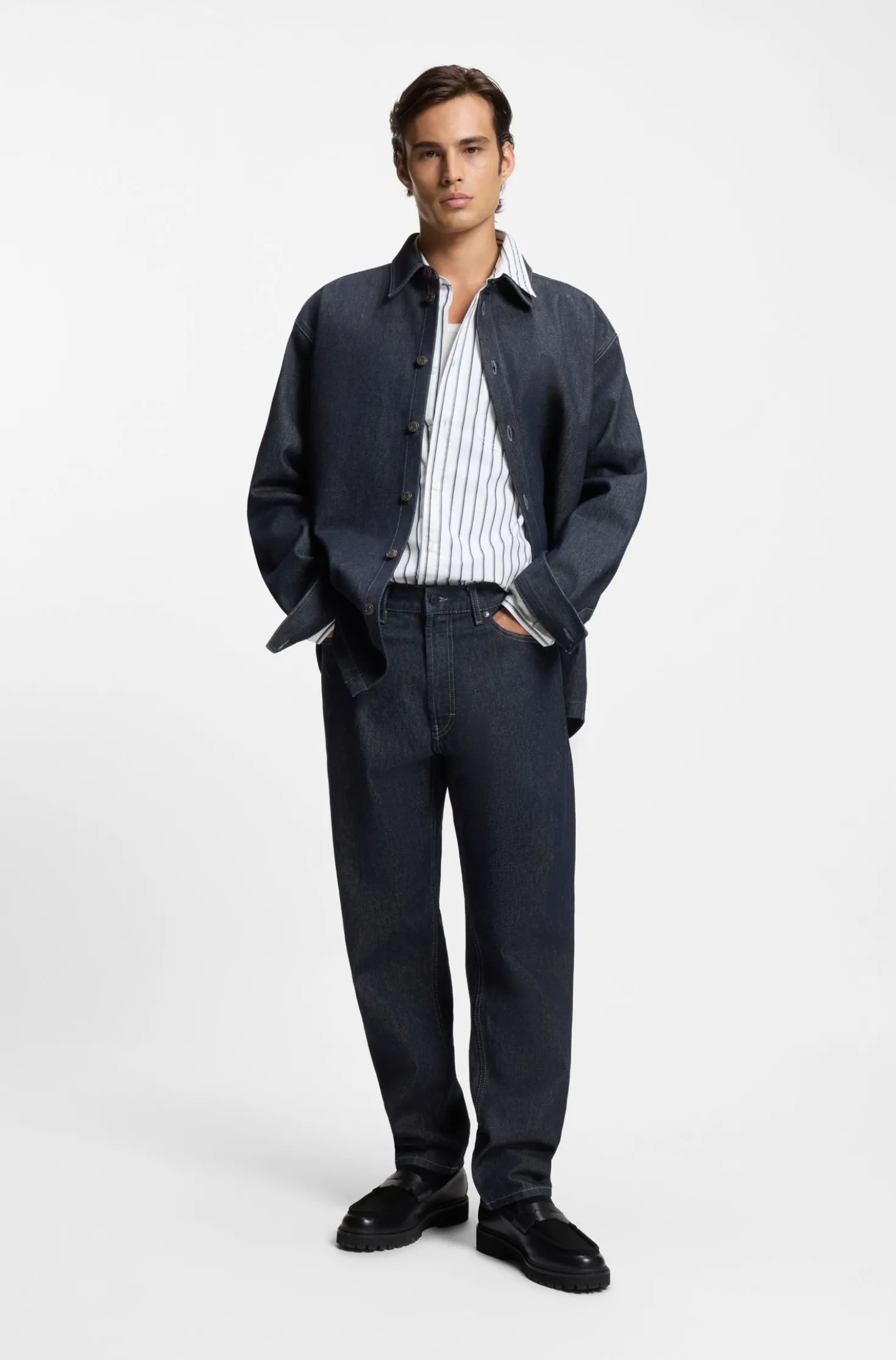 Oversized-fit shirt in striped cotton poplin