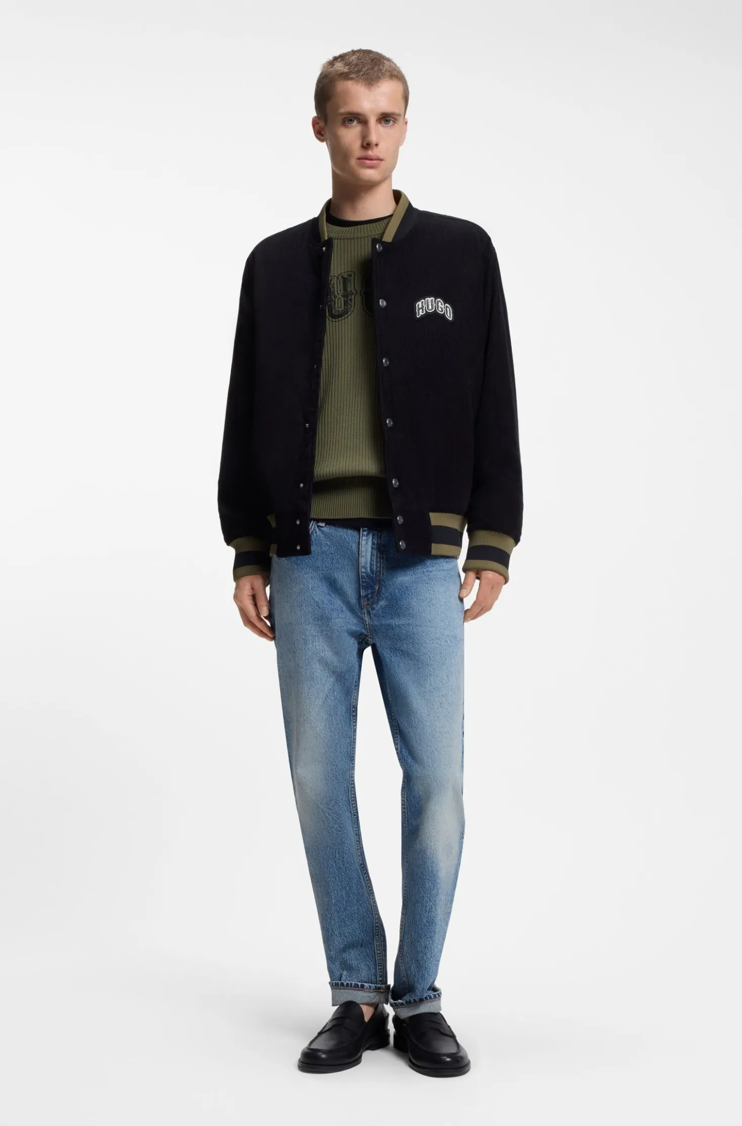 Oversized-fit sweater in ribbed cotton with varsity logo