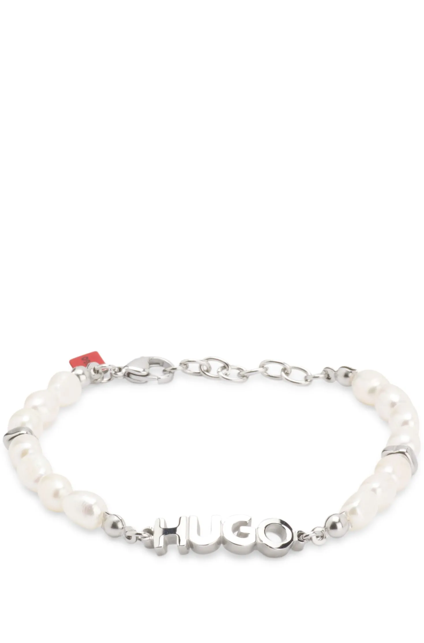 Pearl cuff with metal logo plaque