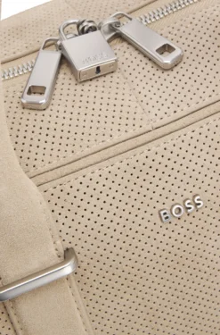 Perforated-suede holdall with metallic logo lettering