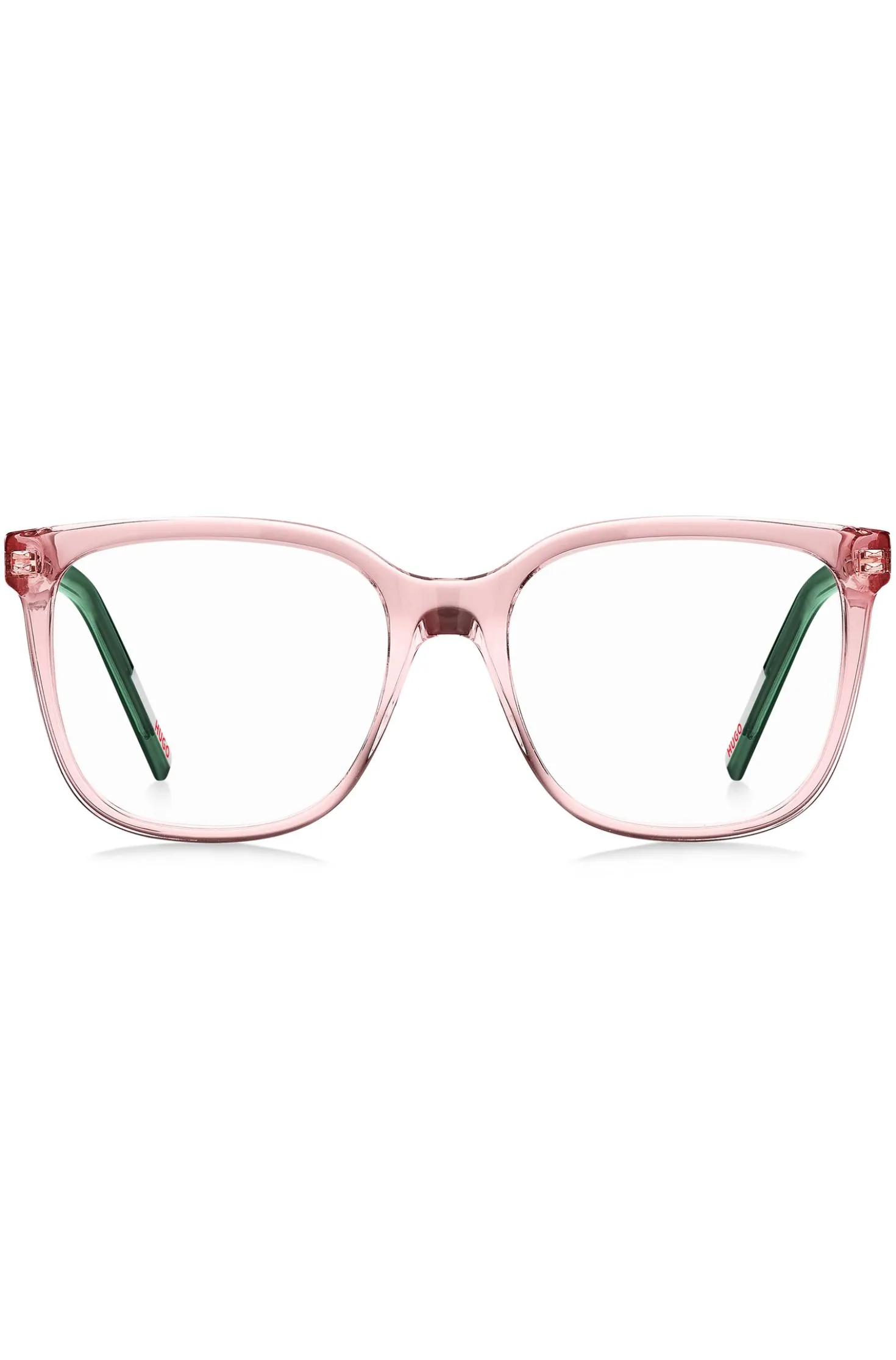 Pink-acetate optical frames with green end-tips