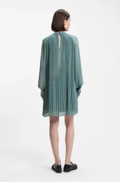 Plissé dress with sheer sleeves