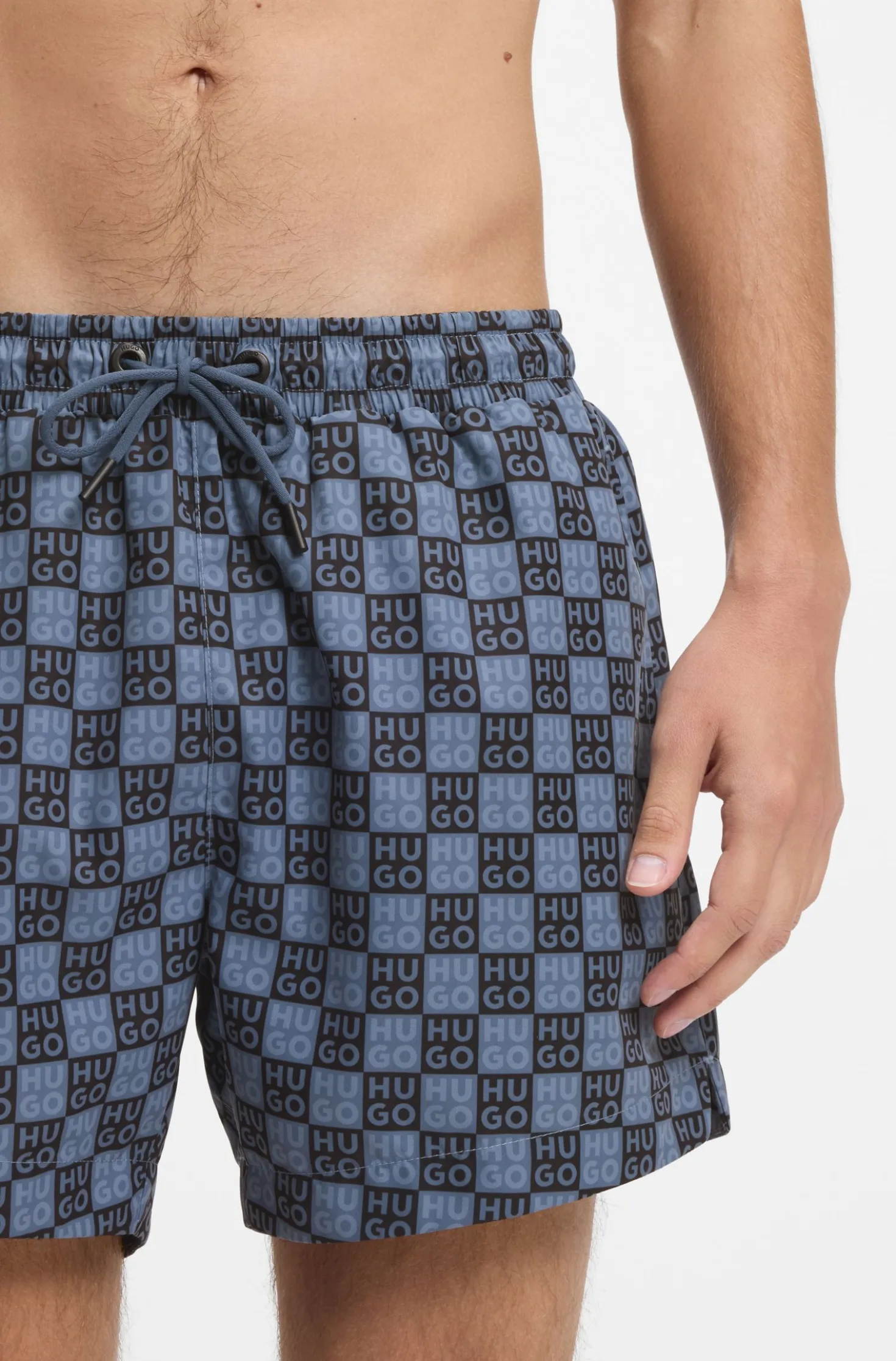Quick-dry swim shorts with stacked-logo check print