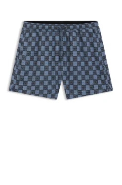 Quick-dry swim shorts with stacked-logo check print