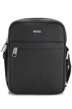 Recycled-leather reporter bag with adjustable logo strap