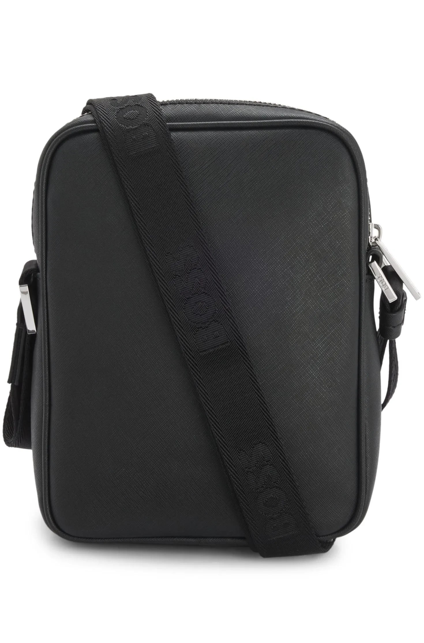 Recycled-leather reporter bag with adjustable logo strap