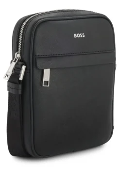Recycled-leather reporter bag with adjustable logo strap