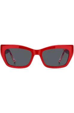 Red-acetate sunglasses with layered temples