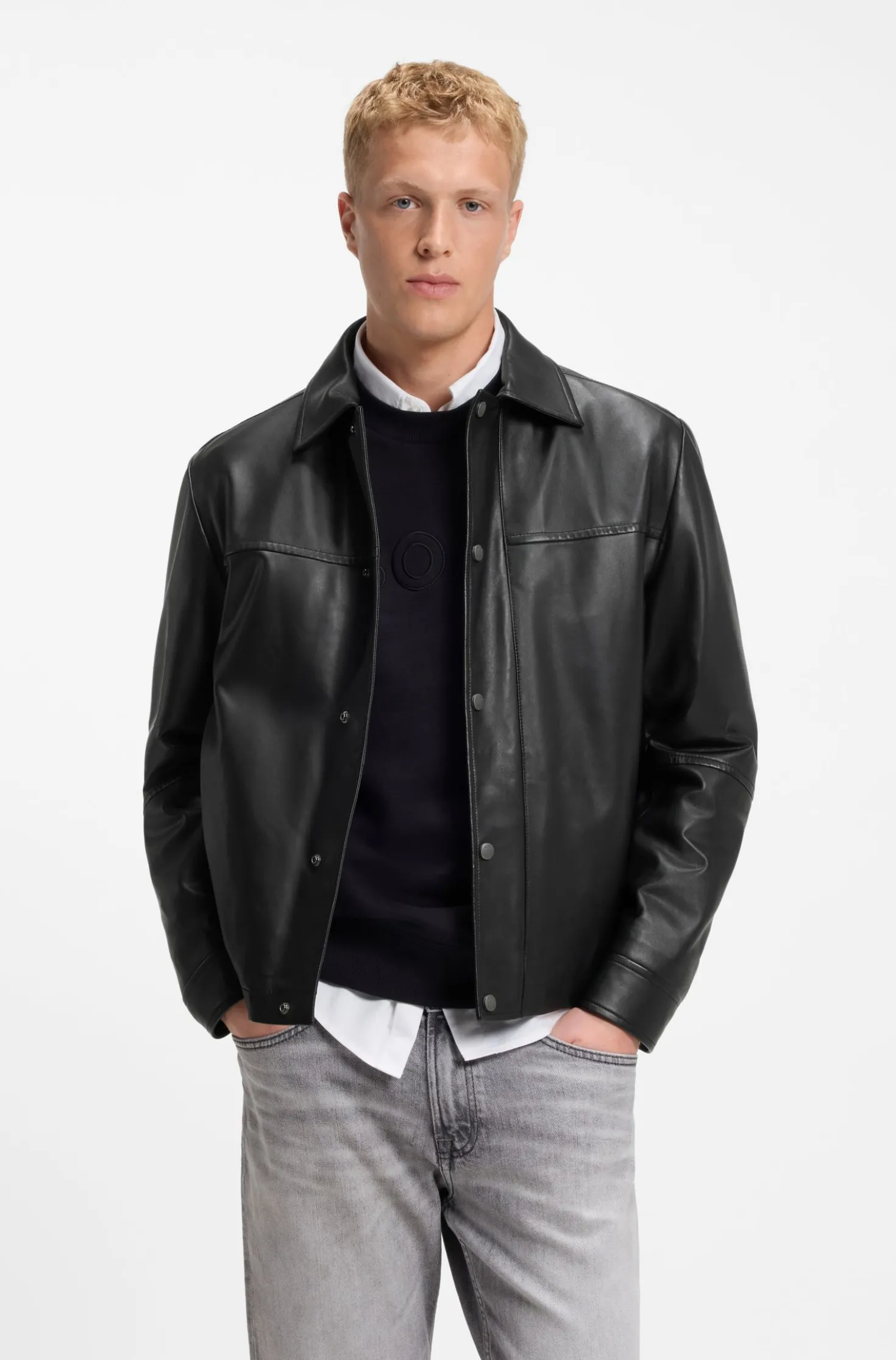 Regular-fit leather shirt with metal logo buttons