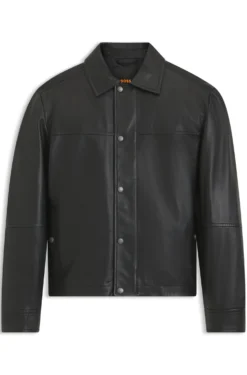 Regular-fit leather shirt with metal logo buttons