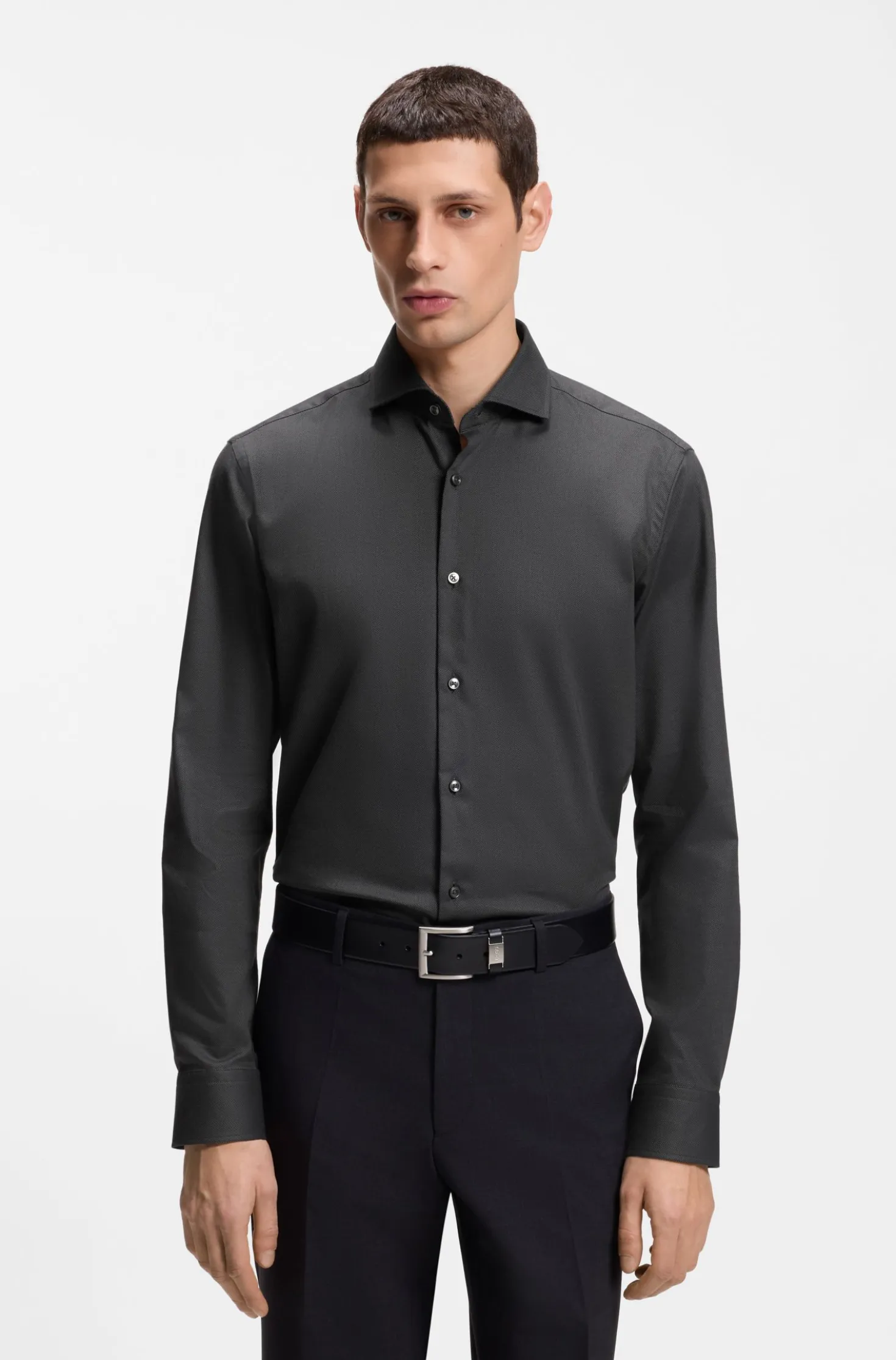 Regular-fit shirt in easy-iron stretch-cotton twill