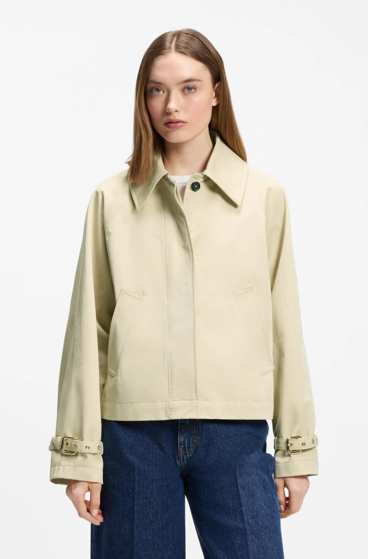 Regular-fit short trench coat in cotton