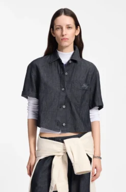 Relaxed-fit cropped blouse in lightweight denim