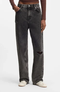 Relaxed-fit jeans in distressed black rigid denim
