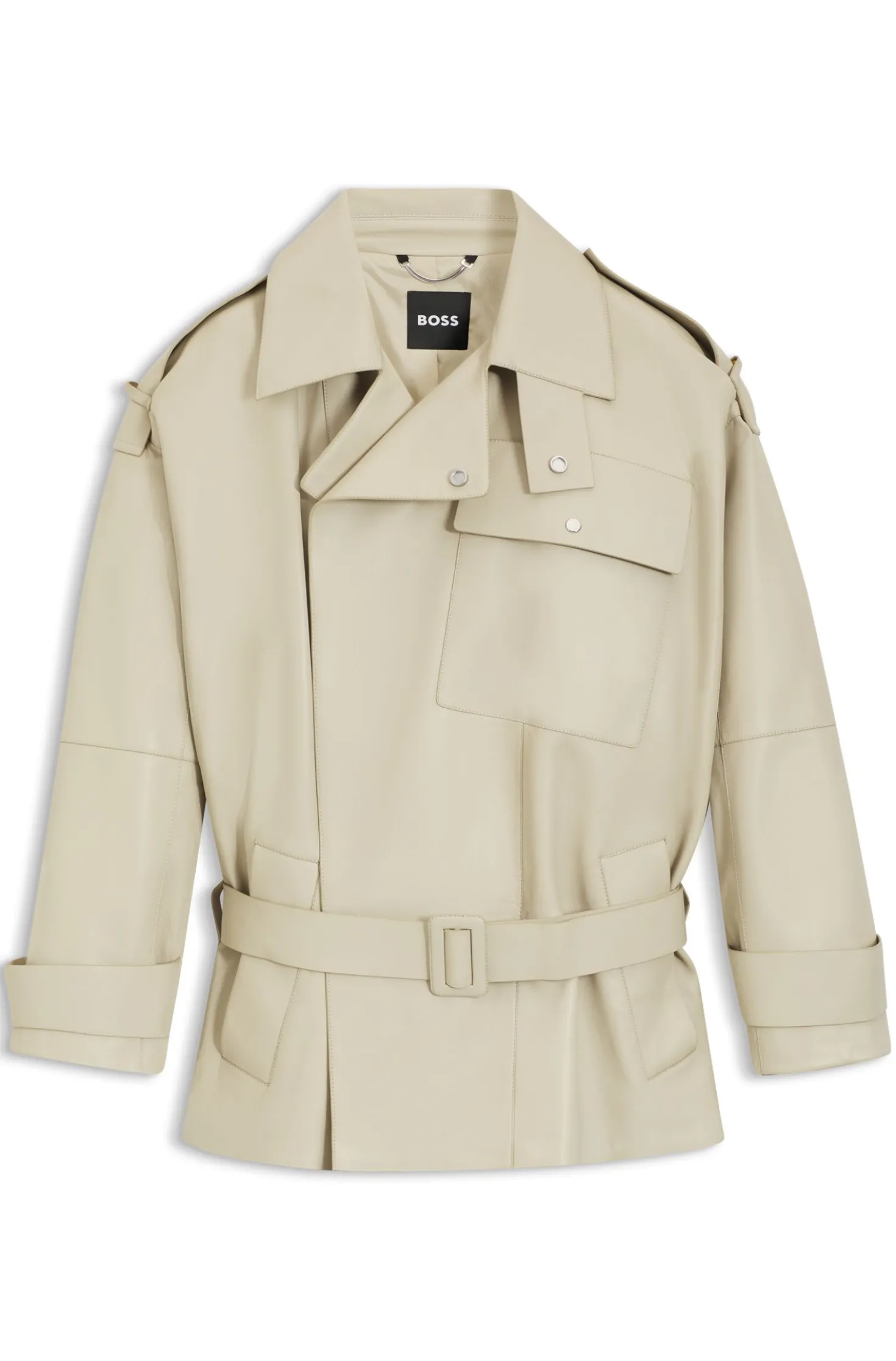 Relaxed-fit short-length trench coat in leather