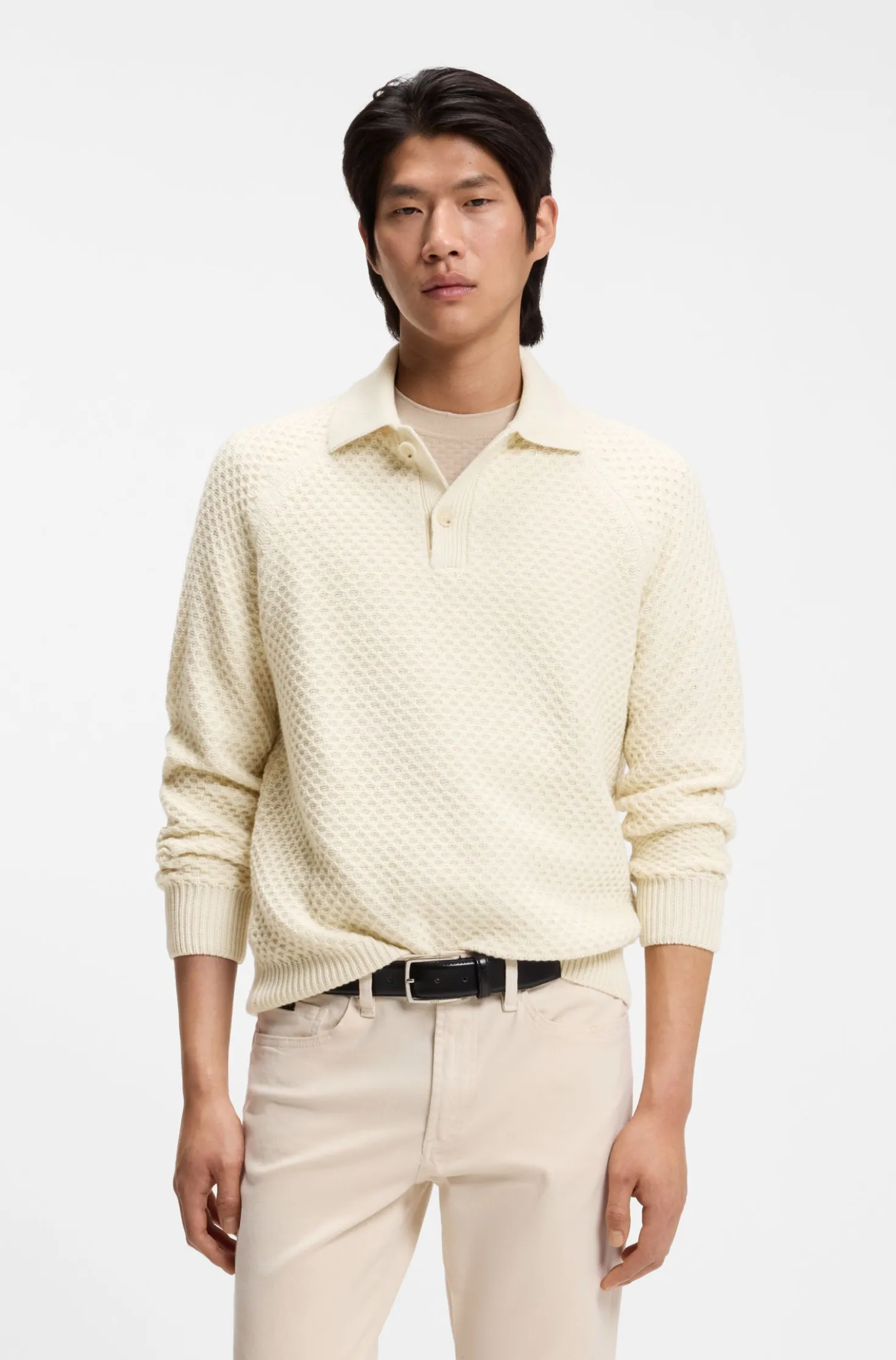 Relaxed-fit sweater in structured cashmere with polo collar