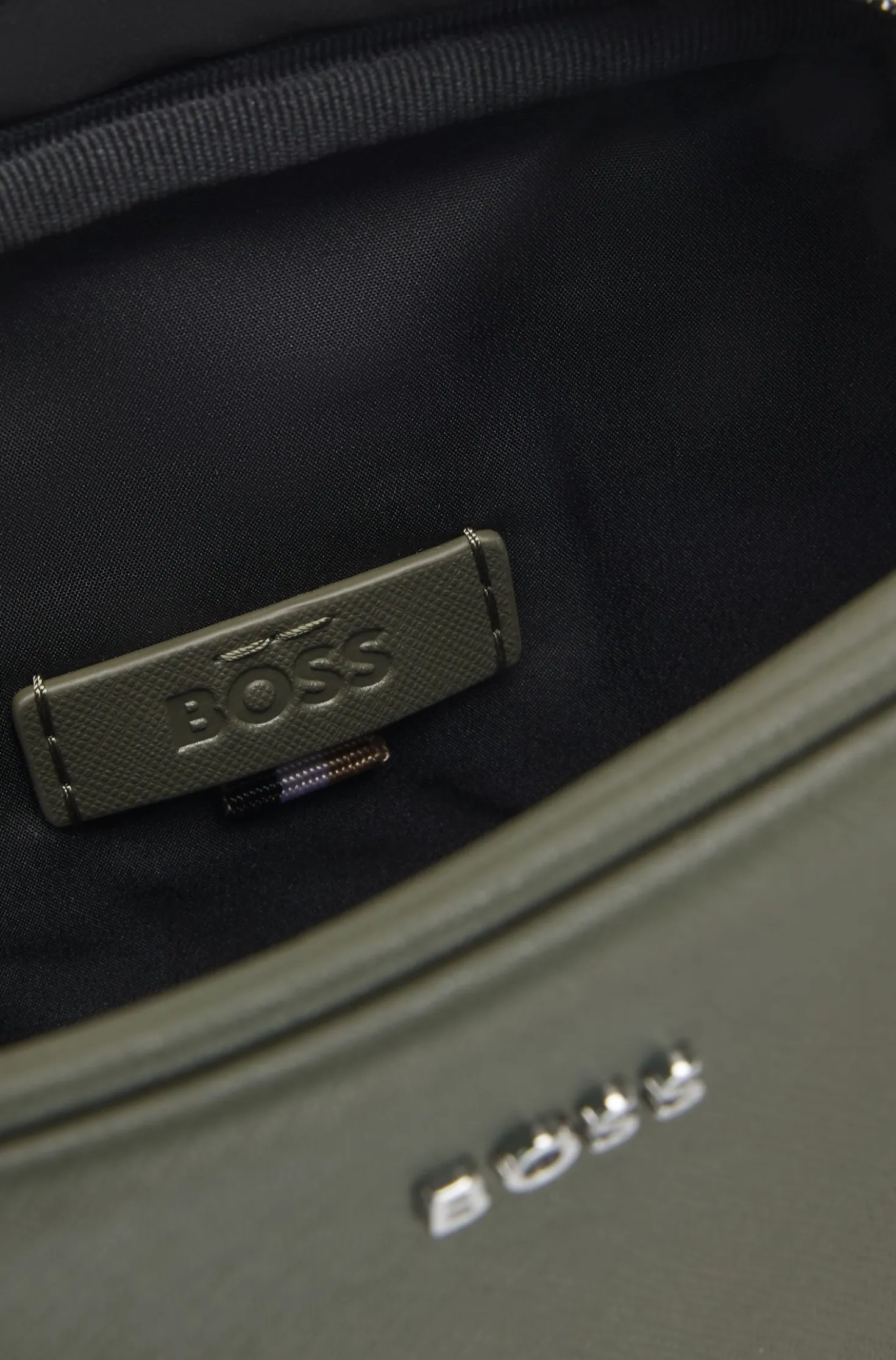 Reporter bag with silver-tone logo lettering