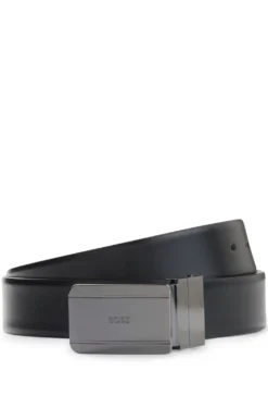 Reversible leather belt with pin and plaque buckles