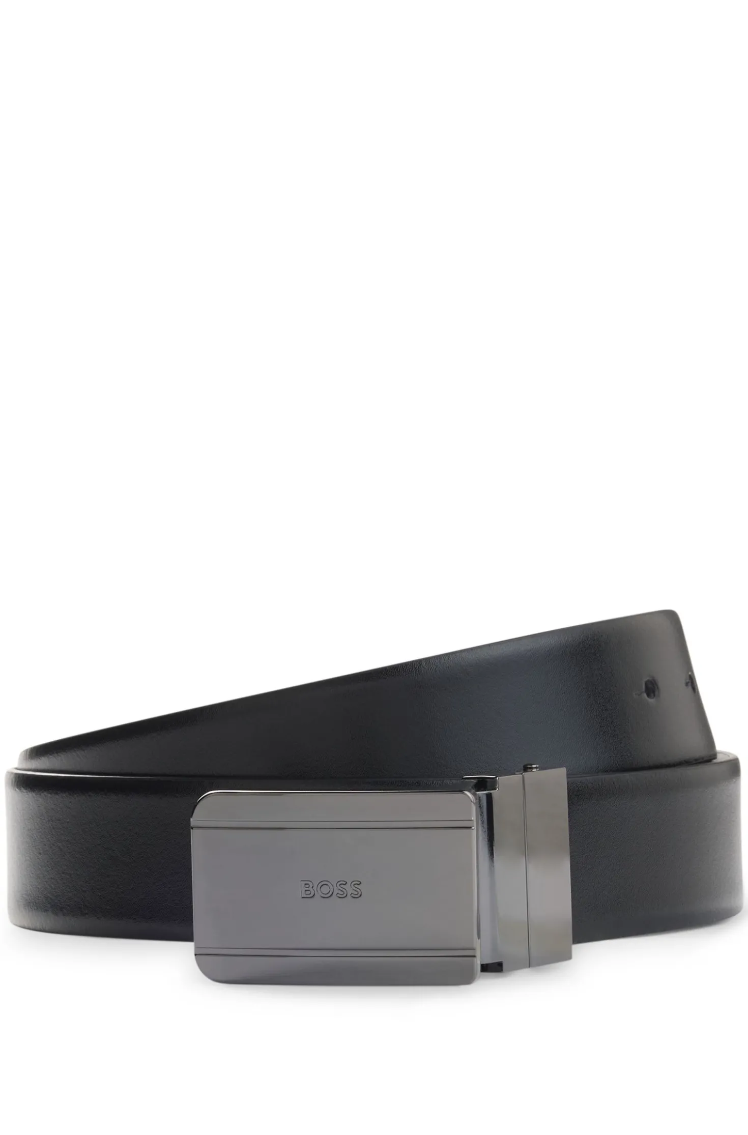 Reversible leather belt with pin and plaque buckles