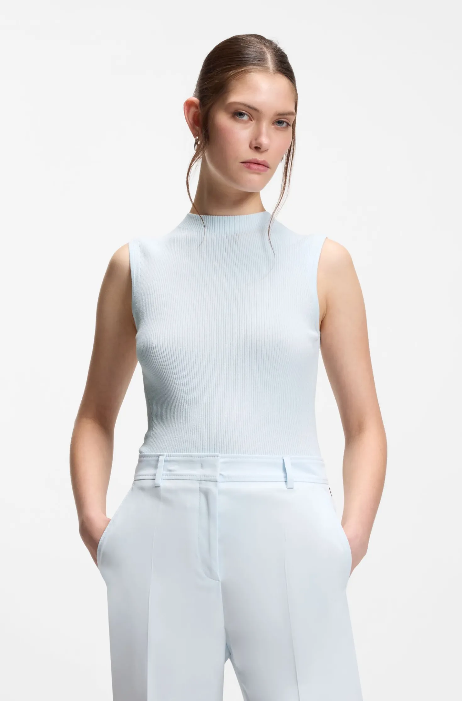 Ribbed-knit top with mock neckline