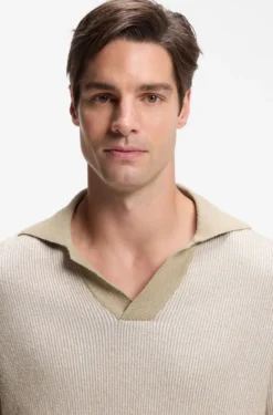 Rib-knit cotton-blend sweater with Johnny collar
