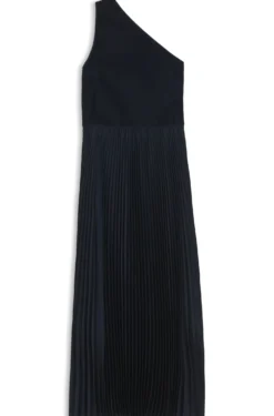Rib-knit one-shoulder dress with plissé skirt