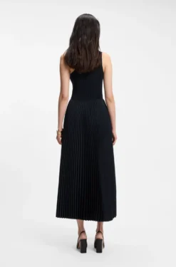 Rib-knit one-shoulder dress with plissé skirt