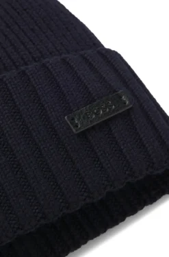 Rib-knit virgin-wool beanie with logo plaque