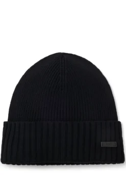 Rib-knit virgin-wool beanie with logo plaque