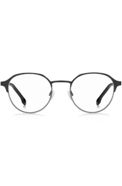 Round optical frames in black steel with striped hinge