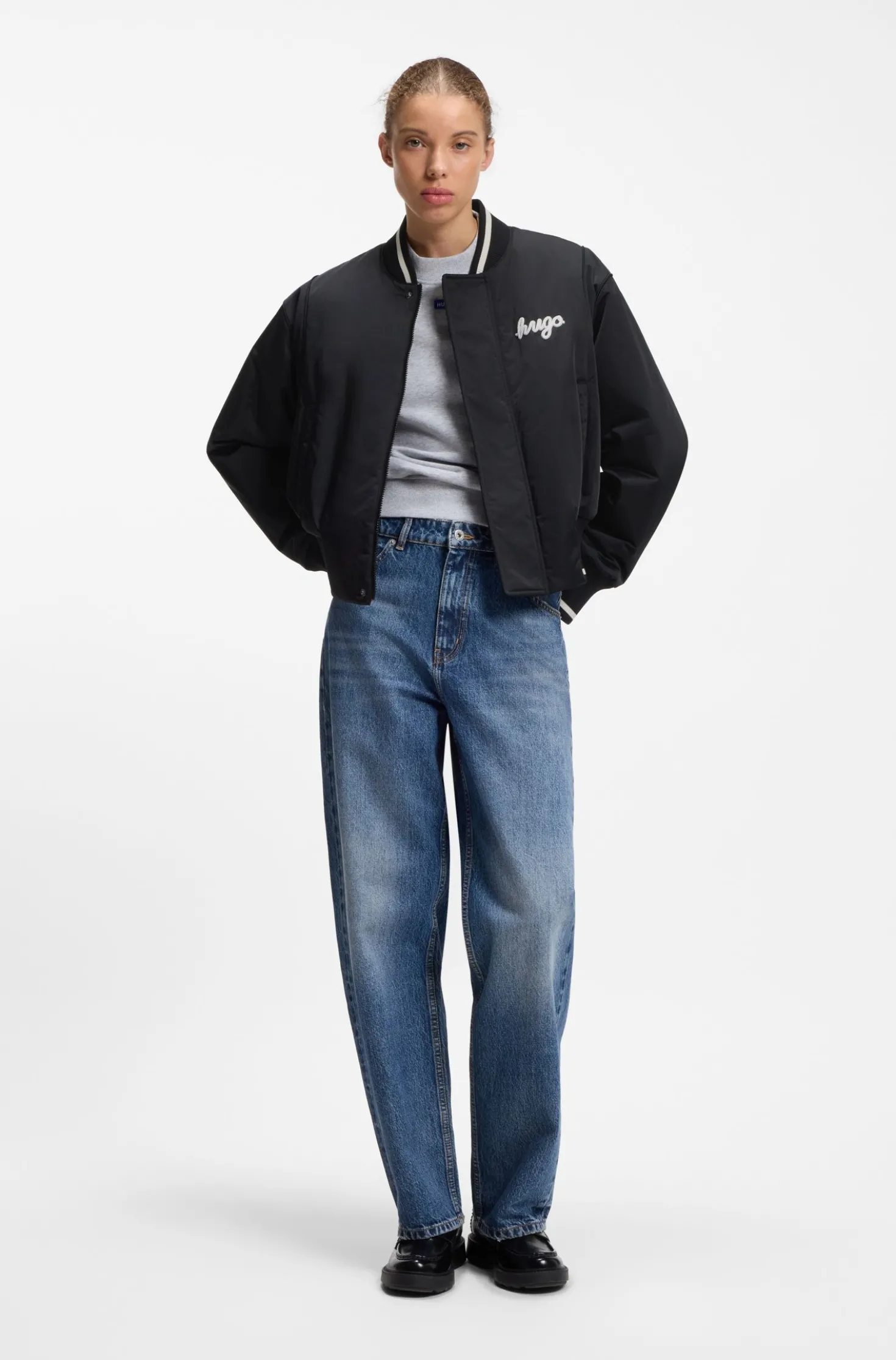 Satin varsity bomber jacket with padded comfort
