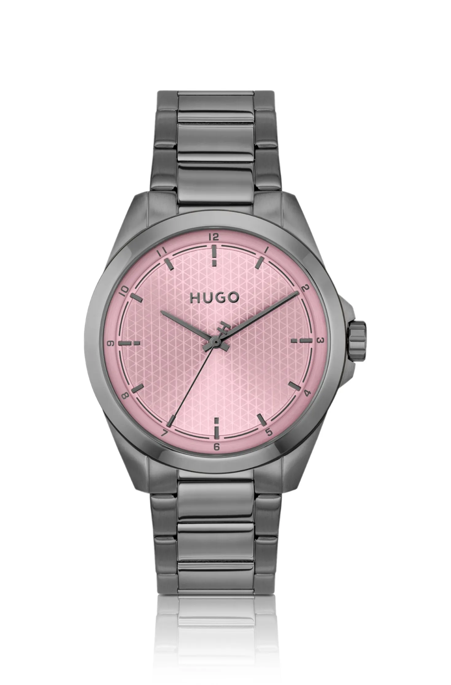 Seam grey-plated watch with pink textured dial