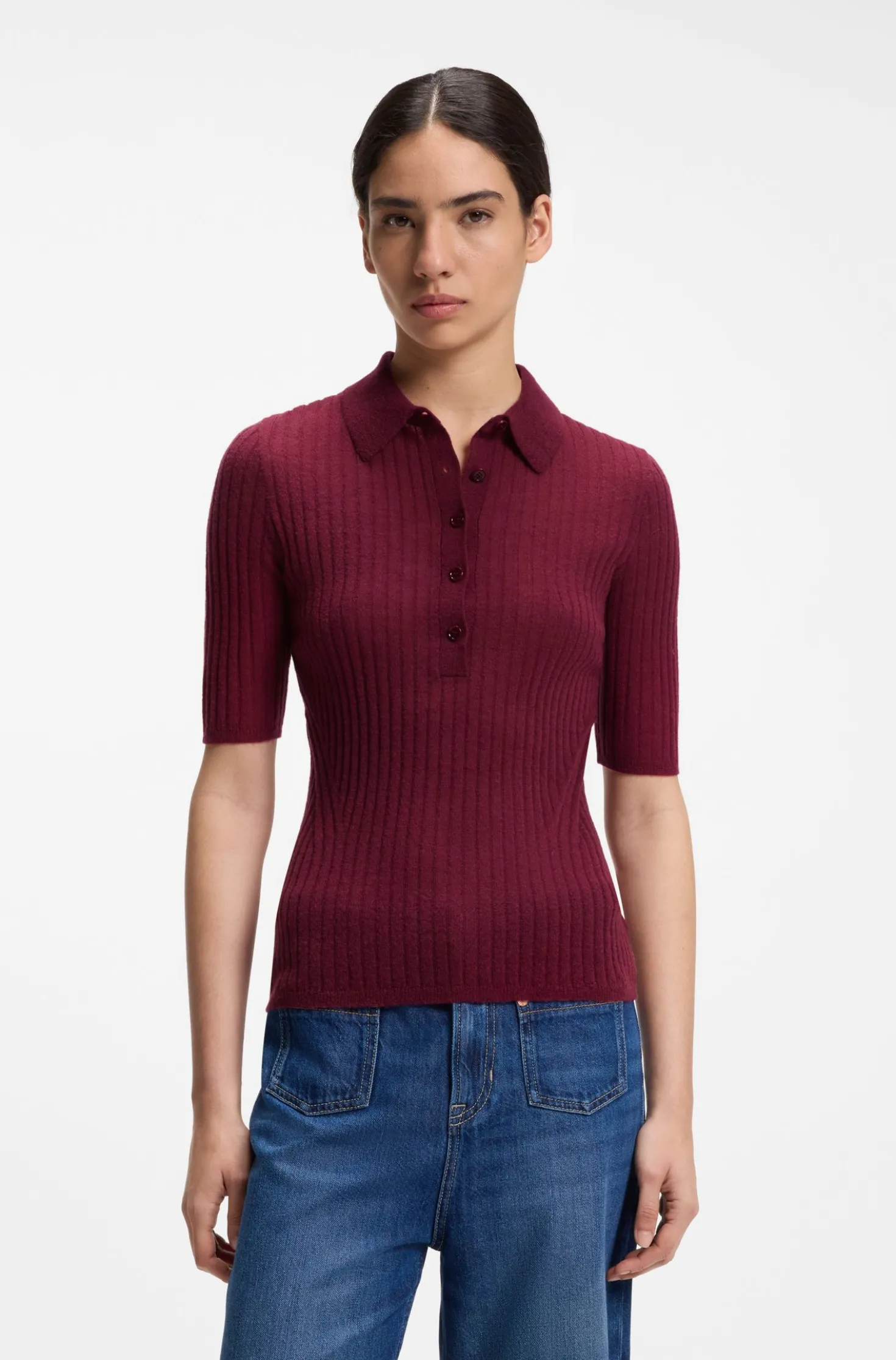 Short-sleeved wool-blend sweater with polo collar