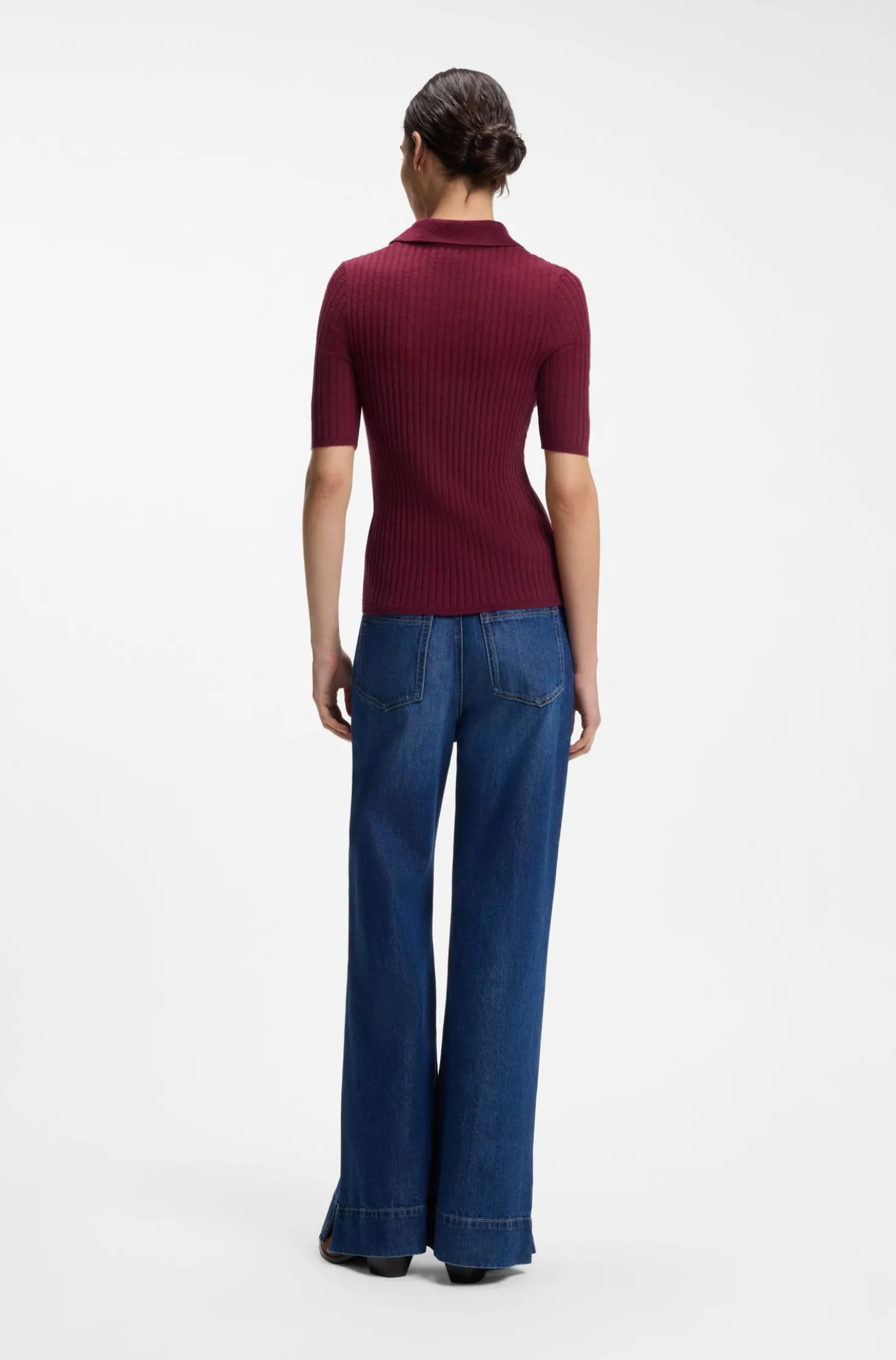 Short-sleeved wool-blend sweater with polo collar