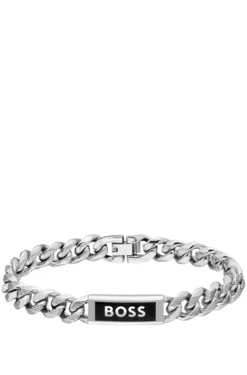 Silver-tone chain cuff with logo plate