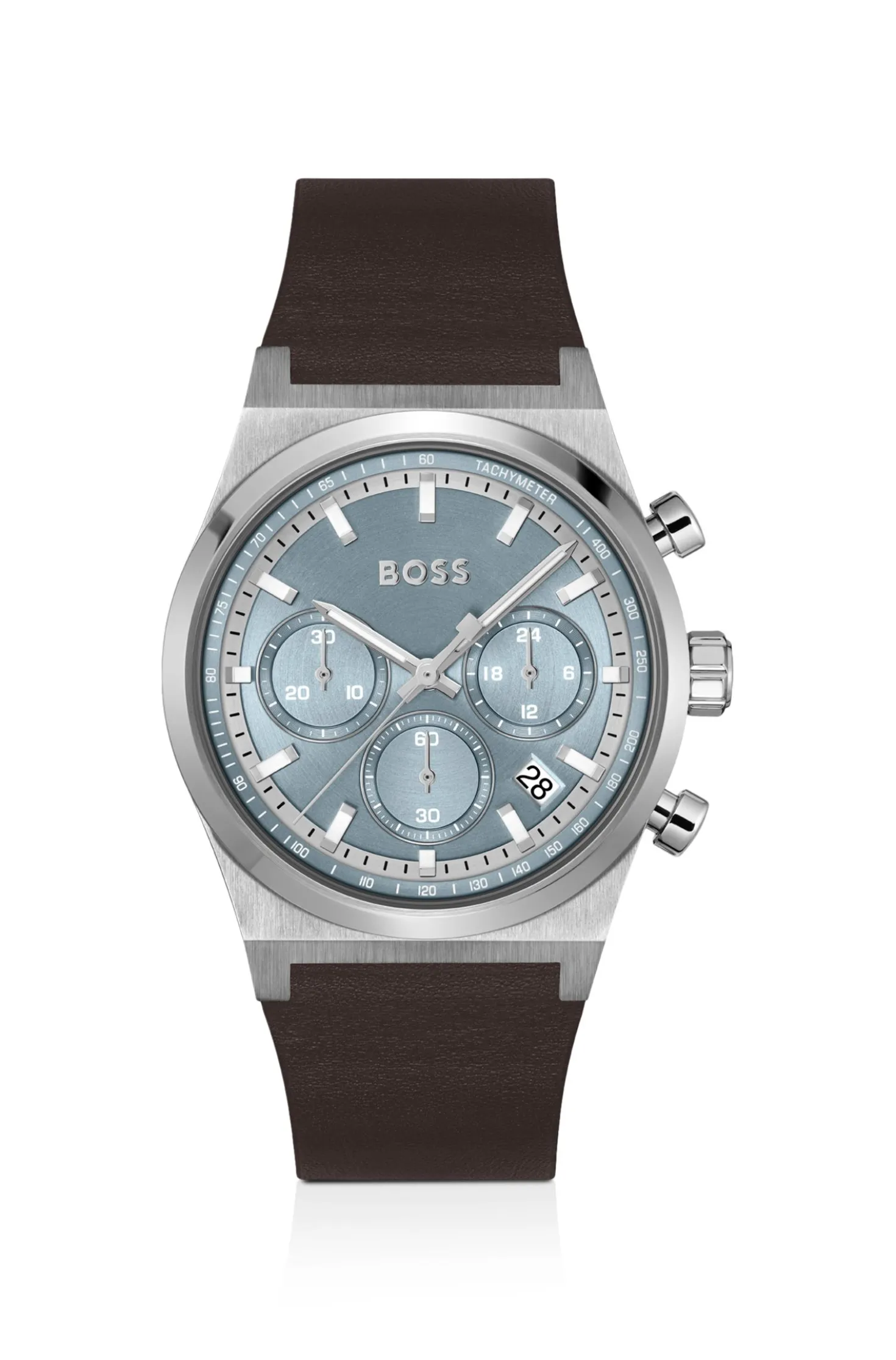 Silver-tone chronograph watch with brown leather strap