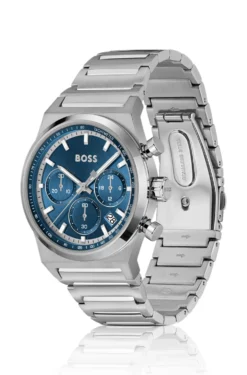 Silver-tone chronograph watch with blue dial