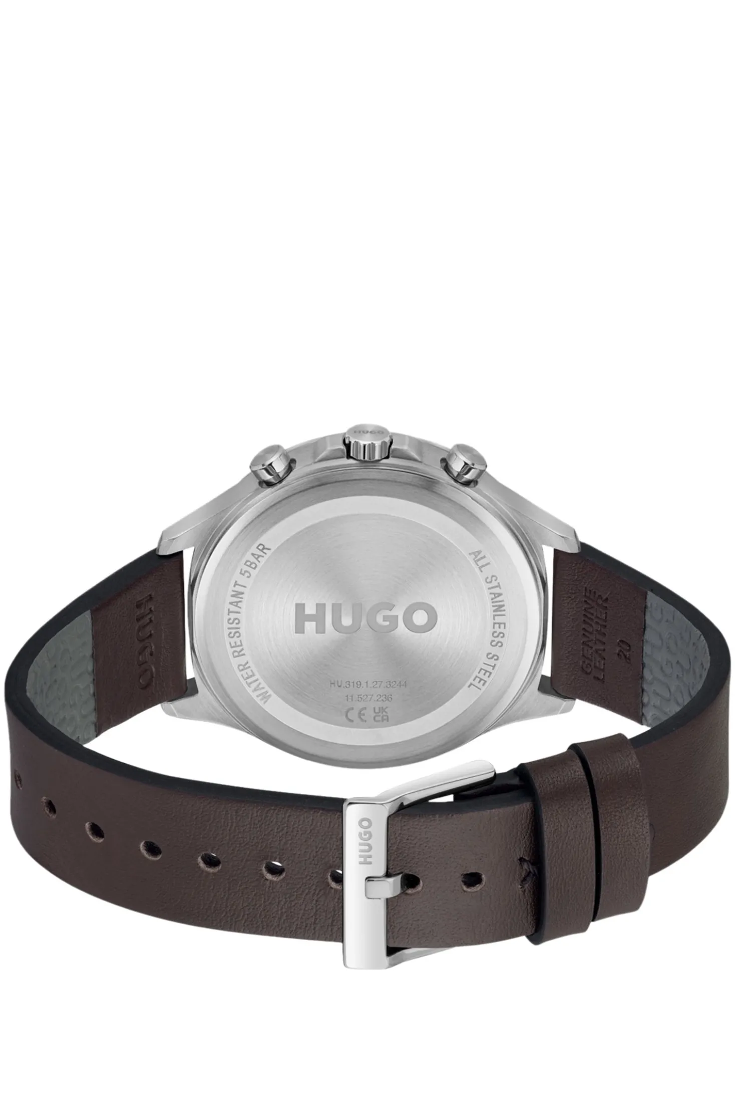 Silver-tone watch with brown leather strap