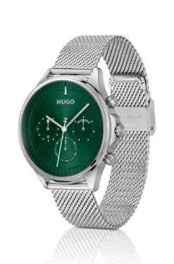 Silver-tone watch with green dial