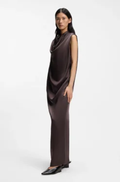 Sleeveless maxi dress in sable satin