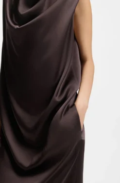 Sleeveless maxi dress in sable satin