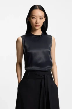 Sleeveless sateen top with keyhole rear closure