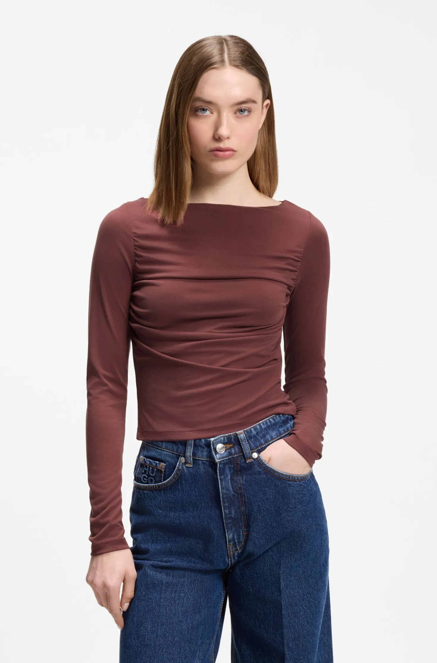 Slim-fit cupro top with modern boatneck